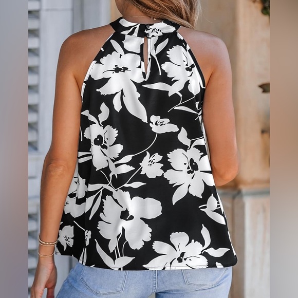 CUPSHE- Floral Print Halter Top, Sleeveless Tank Tops Shirts- Black and White - Picture 4 of 5